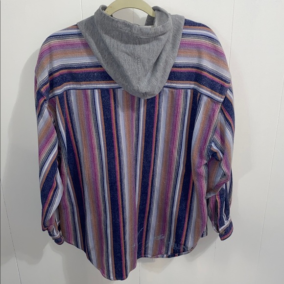 90’s Point Zero Multicolor Striped Flannel Shirt with Gray Hood XL - Picture 4 of 9